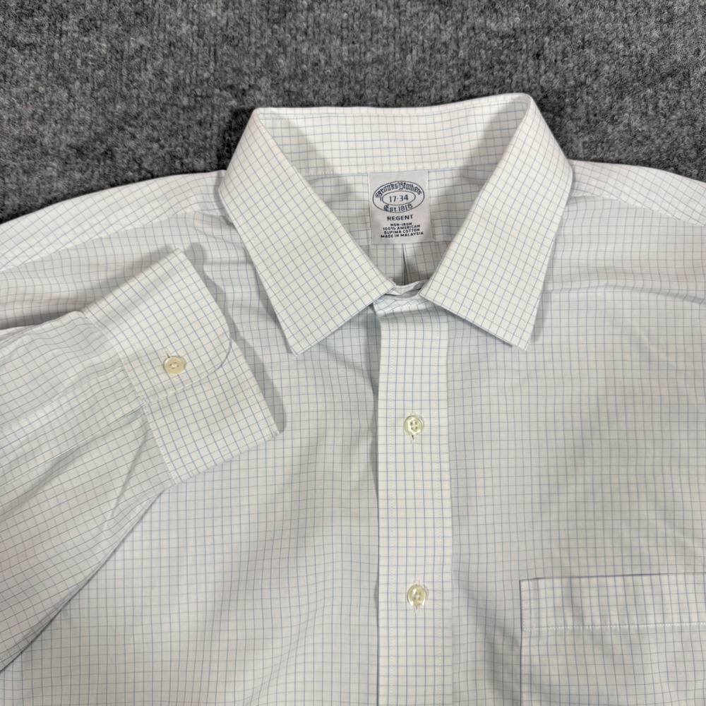 Brooks Brothers Shirt Regent Fit Non-Iron Mens 17-34 White Blue Plaid Cotton EUC